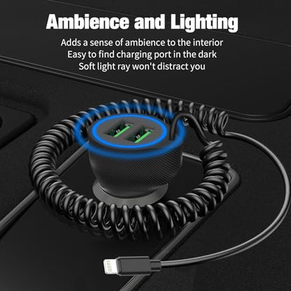 Dual USB Ports Car Charger Adapter with 5FT Coiled Lightning Cable