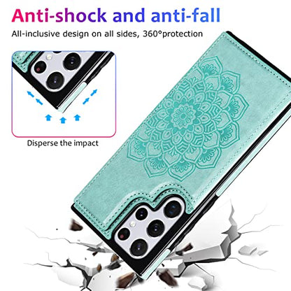 PASNEW S23 Ultra Case Wallet Card Holder,6.8",Green | Card Holder, Floral Double Magnetic, PU Leather, Kickstand, Flip Cover - color: Green, size: S23Ultra【6.8"】