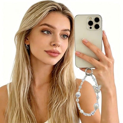 Rhinestone Bead Phone Charm for Women, Butterfly Bow Beaded Wrist Strap Lanyard with Tether Tab – Anti-Theft Hands-Free Detachable Phone Chain Wristlet - color: Butterfly Beads White
