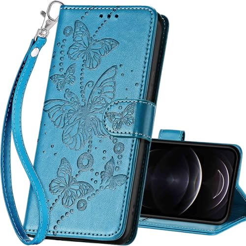 for iPhone 13/14 Wallet case, Blue-Butterfly | 3 Card Holders, Kickstand, Shockproof TPU Shell, PU Leather, Magnetic Closure, Protective Flip Folio Cover, Women - color: 8