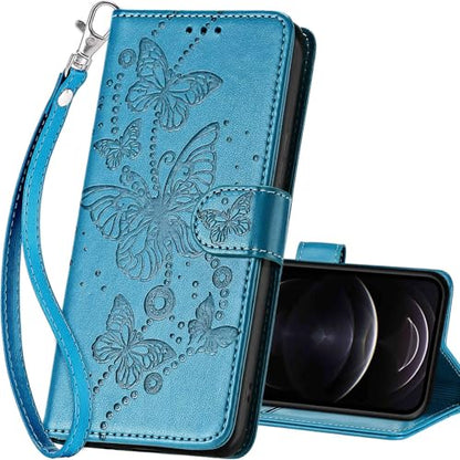 for iPhone 13/14 Wallet case, Blue-Butterfly | 3 Card Holders, Kickstand, Shockproof TPU Shell, PU Leather, Magnetic Closure, Protective Flip Folio Cover, Women - color: 8