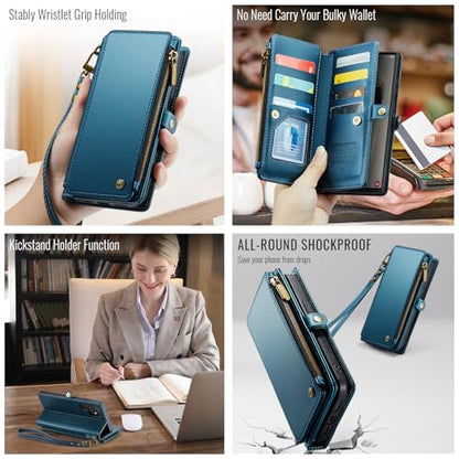 Defencase for Samsung Galaxy S23 Ultra Wallet Case with Card Holder, Blue | Durable PU Leather, with RFID Blocking Zipper Pocket, Wrist Strap, S23 Ultra Flip Phone Cases Cover with Stand for Women Men - color: Fashion Blue