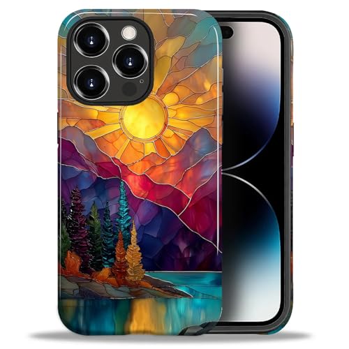 DAIZAG Case for iPhone 14 Pro Max,Mountain Range Sunrise Stained Glass Full-Body Design Hybrid Dual Protection Soft TPU Hard PC Shockproof Scratch-Resistant Protective Cover Phone Case for Men Women - color: Mountain Range Sunrise Stained Glass, size: iPh