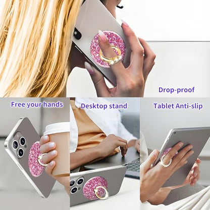 Magnetic Phone Ring Holder Compatible with MagSafe, Cute Phone Grip Stand with 360° Rotation Gold Glitter Finger Ring Kickstand Accessories for Most Phones Glitter Pink Pattern