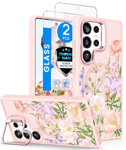 Dretal Magnetic Matte Floral Phone Case for Samsung Galaxy S26 Ultra - Pink | Built-in Lens Stand,Screen Protector,Compatible with MagSafe,Shockproof Women Girls Flower Pattern Cover for S26 Ultra 5G - color: Pink