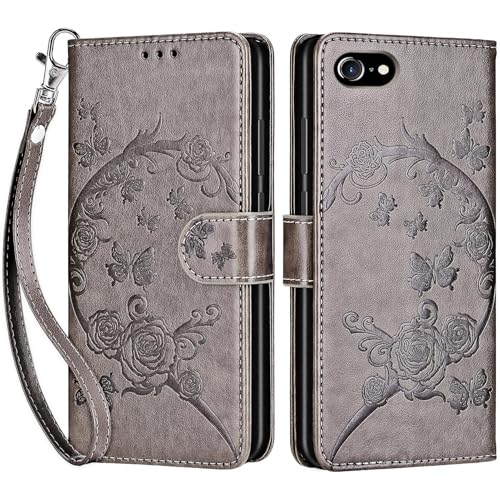 for iPhone SE 2022/7/8/SE 2020 Wallet case, Gray Flower | 3 Card Holders, Kickstand, Shockproof TPU Shell, PU Leather, Magnetic Closure, Protective Flip Folio Cover, Women - color: 9
