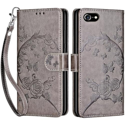 for iPhone SE 2022/7/8/SE 2020 Wallet case, Gray Flower | 3 Card Holders, Kickstand, Shockproof TPU Shell, PU Leather, Magnetic Closure, Protective Flip Folio Cover, Women - color: 9