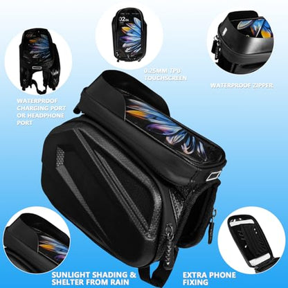 Bike Frame Bag Waterproof, Touchscreen Phone Holder for Top Tube & Ebike | Waterproof touchscreen bike phone holder for top tube, handlebar & ebike; EVA hardcase fits 7" phones, 360 swivel detachable