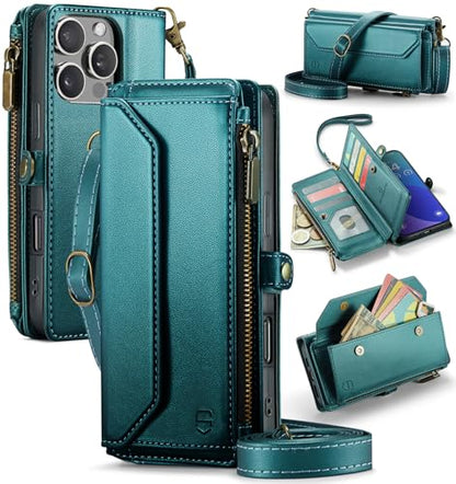 Strapurs for iPhone 16 Pro Max - Zipper Strap Wallet Case Women, Blue Green | RFID Blocking 10-Card Holder, Shoulder Lanyard, Wirst Strap, Zipper Pocket, Magnetic Snap, Soft PU Leather, Phone Flip Cover - color: Blue Green, size: iPhone 16 Pro Max - 6.9"