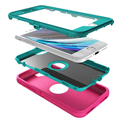 MXX Case Designed for iPhone SE Case 2020 /SE 2022 Heavy Duty Protective with Screen Protector [3 Layers] Rugged Rubber Protection Cover & Rotating 360 Degree Belt Clip SE 3rd/2nd Gen(Pink/Light Blue) - color: Pink/Light Blue
