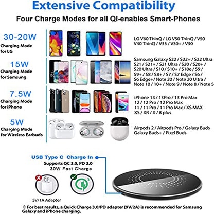 30W Wireless Charger Pad, Wireless Charge 30W, Fast Wireless Charger, Wireless Charging Compatible with Samsung Galaxy S23/S22/S21/S20, Fast Charger Compatible with iPhone 17/16/15/13/14/12 Series