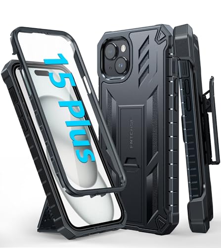 FNTCASE for iPhone 15 Plus Case with Belt Clip, Rugged Kickstand | Built-in Screen Protector, Military-Grade Drop Protection, Heavy Duty Shockproof Holster Protective Cover - color: T-Black