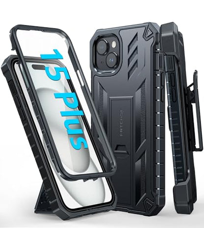 FNTCASE for iPhone 15 Plus Case with Belt Clip, Rugged Kickstand | Built-in Screen Protector, Military-Grade Drop Protection, Heavy Duty Shockproof Holster Protective Cover - color: T-Black