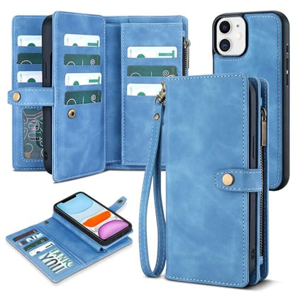 TwoHead for iPhone 11 Wallet case with 11 Card Holder (Sky Blue) | Detachable Magnetic Phone Case, PU Leather Wallet for Women/Men,Wireless Charging Compatible,with Wrist Strap - color: Sky Blue