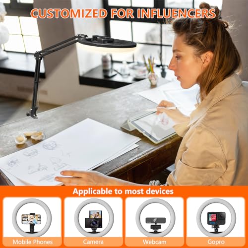 Overhead Phone Mount with Ring Light, 10’’ LED Selfie Light for Desk,with Stand and Phone Holder for iPhone and Camera,Overhead Tripod for Video Recording, Live Streaming, Zoom Meeting