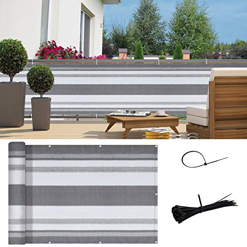 SUNNY GUARD 3' x 16' Balcony Privacy Screen, HDPE Patio Railing Cover Fence - color: Silver Grey White Stripes, size: 0 3' x 1 6'