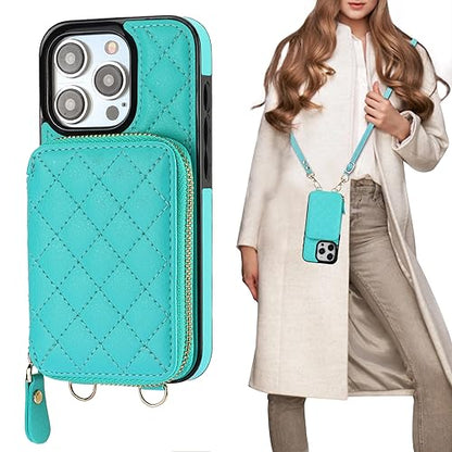 Bocasal Crossbody Wallet Case Card Holder for iPhone 15 Pro, Mint Green | RFID Blocking PU Leather Zipper Handbag Purse, Kickstand Flip Folio Case with Card Slots Holder Wrist Strap Lanyard 6.1 Inch - color: Green