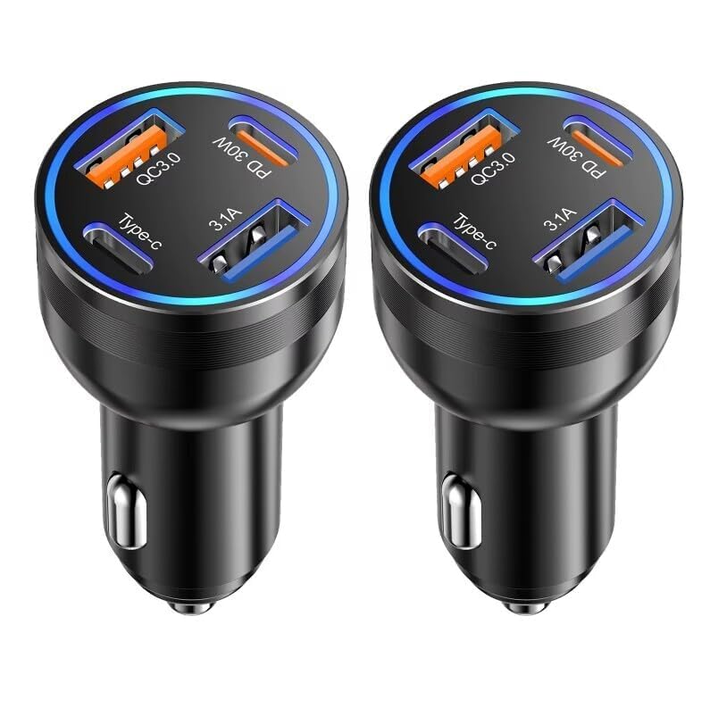65W USB C Car Charger, 4-Port Cigarette Lighter Adapter PD30W Fast Charging - color: Black, size: 2 Pack