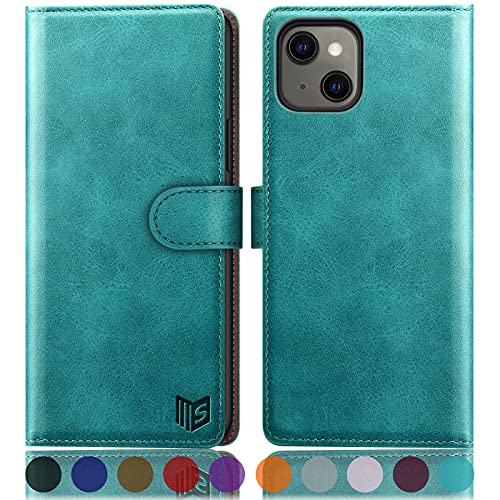 SUANPOT for iPhone 13 6.1 inch 5G with RFID Blocking Wallet case Credit Card Holder,Flip Book PU Leather Phone case Shockproof Cover Cellphone Women Men for Apple 13 case Wallet Blue Green - color: Blue Green