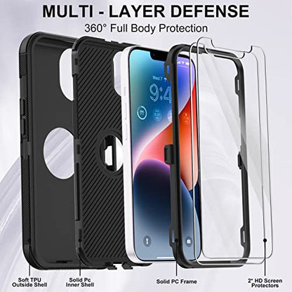 for iPhone 14 Case with 2 Screen Protector,Full Body Shockproof Drop Protection Dust Proof Heavy Duty 3-Layer Rugged Durable Military Grade Cover for Apple iPhone 14 6.1" (Black) - color: Black II
