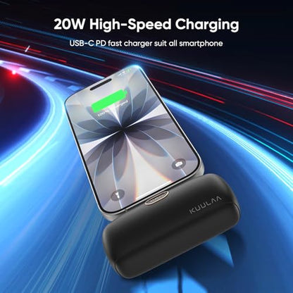 Kuulaa Portable Phone Charger with Built-in USB-C Plug, 5000mAh Mini Portable Charger Power Bank Small Battery Pack for iPhone 15/16/17 Samsung S24/S23 & Android (Black) - color: Black