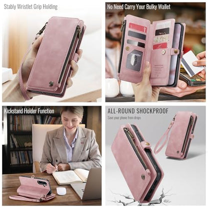 Defencase for Samsung Galaxy A36 5G Wallet Case with Card Holder, Rose Pink | RFID Blocking, Zipper Pocket, Durable PU Leather, Wrist Strap, Fashion Snap Flip Phone Cases Cover with Stand for Women Men - color: Airy Rose Pink