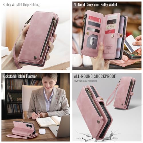 Defencase for Samsung Galaxy A26 5G Wallet Case with Card Holder, Rose Pink | RFID Blocking, Zipper Pocket, Durable PU Leather, Wrist Strap, Fashion Snap Flip Phone Cases Cover with Stand for Women Men - color: Airy Rose Pink