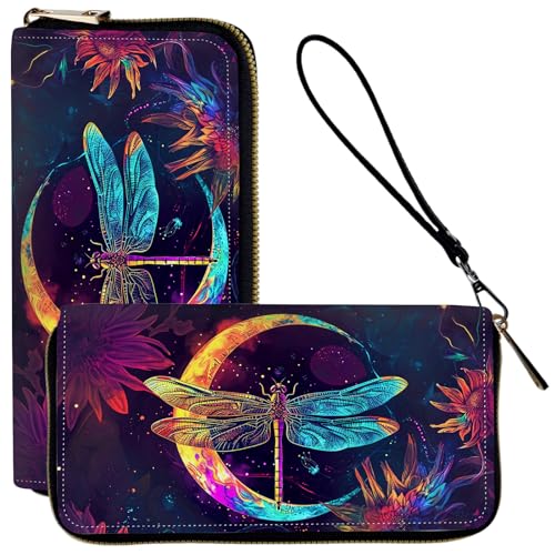 Ladies Wallet,Clutch Purses for Women Wallets Leather Credit Card Holder for Women Wristlet Slim Small Cute with Zipper,Thin RFID Blocking with Wrist Strap,Glitter Dragonfly Moon - color: Glitter Dragonfly Moon