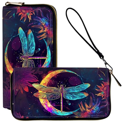 Ladies Wallet,Clutch Purses for Women Wallets Leather Credit Card Holder for Women Wristlet Slim Small Cute with Zipper,Thin RFID Blocking with Wrist Strap,Glitter Dragonfly Moon - color: Glitter Dragonfly Moon