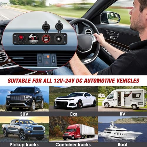 Nilight 4 in 1 ON/Off Charger Socket Panel Dual USB Power Outlet LED Voltmeter Cigarette Lighter Socket Lighted ON Off Rocker Toggle Switch for Truck Car Marine Boats RV,2 Years Warranty - color: Red