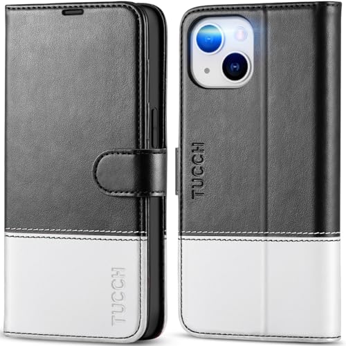 TUCCH Case Wallet for iPhone 14 (6.1"), RFID Blocking Folio, Black & White | 4 Card Holders, Kickstand, PU Leather, Magnetic Closure, Shockproof TPU Shell, Protective Flip Cover - color: Black & White