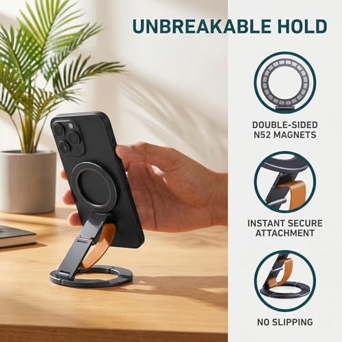 Magnetic Phone Holder for Car, Gym, Desk – N52 Strong Magnet, Foldable Aluminum Mount Stand with 270° Rotation, Universal for iPhone Samsung Android (Grey)