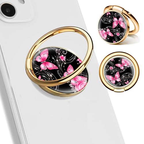 Cell Phone Ring Holder, Cute Phone Ring Grip Stand, 360°Rotation Funny Metal Kickstand Finger Grip Pink Black Butterfly - color: Pink Black Butterfly