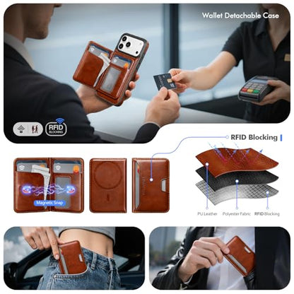Antsturdy Compatible with MagSafe iPhone 17 Pro Wallet Case,Brown | 2 in 1 Detachable Magnetic,Credit Card Holder Slots,RFID Blocking,PU Leather,Kickstand,Flip Folio Phone Cover for Men & Women - color: Brown, size: iPhone 17 Pro - 6.3"