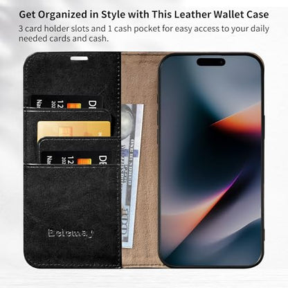 Belemay Leather Wallet Case Compatible with iPhone 17 Pro Max, Premium Cowhide Leather Two-Tone Effect, RFID Blocking Card Holders, Shockproof TPU Shell, Kickstand, Protective Flip Cover, 6.9", Black - color: Black, size: iPhone 17 Pro Max