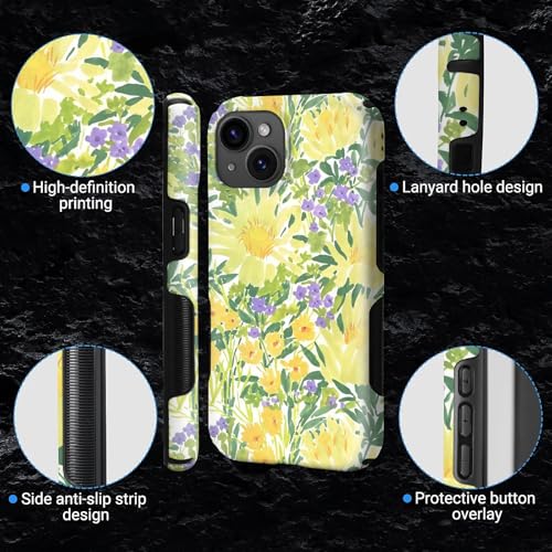 Case for iPhone 15 Plus | Anti-Slip Side Handle| Bold Protective Design | Compatible with MagSafe | Bright Yellow Wildflowers | - color: Bright Yellow Wildflowers, size: iPhone 15 Plus