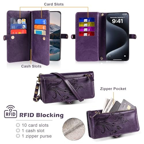 for Google Pixel 9 Pro XL/10 Pro XL Case Wallet,RFID Blocking Card Holder Zipper Leather Flip Cover Crossbody Wrist Strap with Stand (Floral Dark Purple) - color: Floral Dark Purple