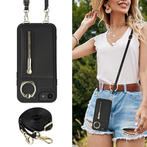 Crossbody Wallet Case for iPhone 7/8/SE 2020/SE 2022, with Card Slots Zipper Pocket Case, Flip Folio Purse RFID Blocking with Ring Kickstand Detachable Strap-Black - color: Black, size: iPhone 7/8/SE 2020/SE 2022 (4.7")