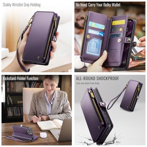 Defencase for iPhone 15 Pro Wallet Case with RFID Card Holder, Purple | Durable Soft PU Leather, with Zipper Pocket, Wrist Strap, Fashion Snap Flip Phone Cases Cover with Stand for Women and Men - color: Purple