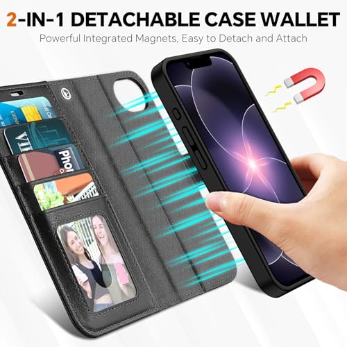 TUCCH Detachable 2-in-1 Case Wallet for iPhone 17e/16e 6.1", Textured Black | 4 Card Slots, RFID Blocking, Wireless Charging, Viewing Stand, Wrist Strap, PU Leather, Shockproof TPU, Magnetic, Flip Cover - color: Black - Textured
