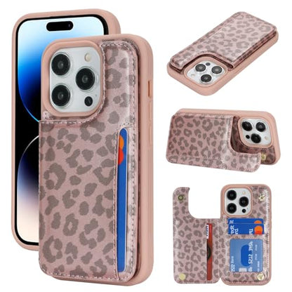 iCoverCase Compatible with iPhone 14 Pro Case with Card Holder, Wallet Case for Women Men RFID Blocking PU Leather Protective Phone Case 6.1 Inch (Rose Gold Leopard) - color: Rose Gold Leopard