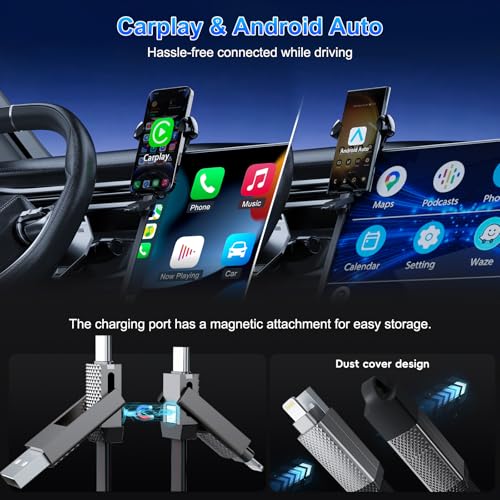 4-in-1 100W USB C Cable Lightning Charging Cable - 6FT Flat Braided Multi iPhone iPad Charger Cord with Lightning, USB-C for iPhone 15/16, Samsung, iPad, MacBook - Supports CarPlay and Android Auto