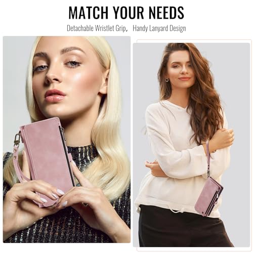 Defencase for Samsung Galaxy S25 Ultra Wallet Case with Card Holder, Pink | with RFID Blocking Zipper Pocket, Durable PU Leather, Wrist Strap, S25 Ultra Flip Phone Cases Cover with Stand for Women Men - color: Airy Rose Pink