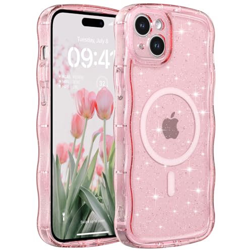 FABSPARK Glitter Case for iPhone 15 Plus,Fit for MagSafe,Pink | Magnetic Curly Wavy Frame | Sparkly Bling Glitter | Transparent Clear Acrylic Hard PC for iPhone 15 Plus,Pink - color: Glitter Clear Pink, size: for iPhone 15 Plus