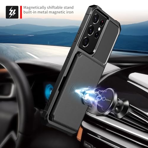 for Samsung Galaxy S21 Ultra Case with Card Holder, Compatible with Magnetic Car Mount, Heavy Duty Shockproof Rugged Soft TPU Back Leather Flip Wallet Cover 6.8 inch, Black | Compatible with Magnetic Car Mount, Shockproof Rugged Soft TPU Hard Back Leather