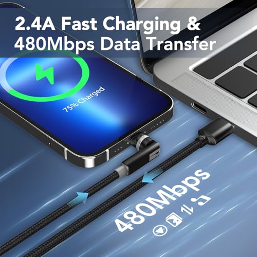90 Degree Lightning Cable with 360 Rotating Head - 6.6FT MFi Right Angle Nylon Braided iPhone Charger Cord with 2.4A Fast Charge, Data Sync, CarPlay for iPhone14/13/12/11/X/8