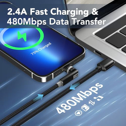 90 Degree Lightning Cable with 360 Rotating Head - 6.6FT MFi Right Angle Nylon Braided iPhone Charger Cord with 2.4A Fast Charge, Data Sync, CarPlay for iPhone14/13/12/11/X/8