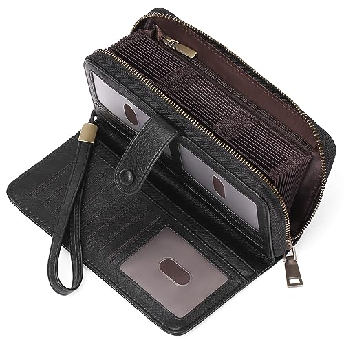 GAEKEAO Leather Credit Card Holder Wallet for Women RFID Blocking Large Capacity Bifold Zipper Card Case Organizer with Wristlet 45 Slots - color: Black