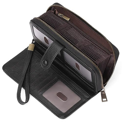 GAEKEAO Leather Credit Card Holder Wallet for Women RFID Blocking Large Capacity Bifold Zipper Card Case Organizer with Wristlet 45 Slots - color: Black