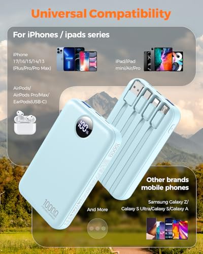 Portable Charger 10000mAh Power Bank with 4 Built-in Cables,LED Display Compact and Battery Pack with Multiple USB Ports All-in-One Travel Charger for iPhone,Android and Other Devices-Sky Blue